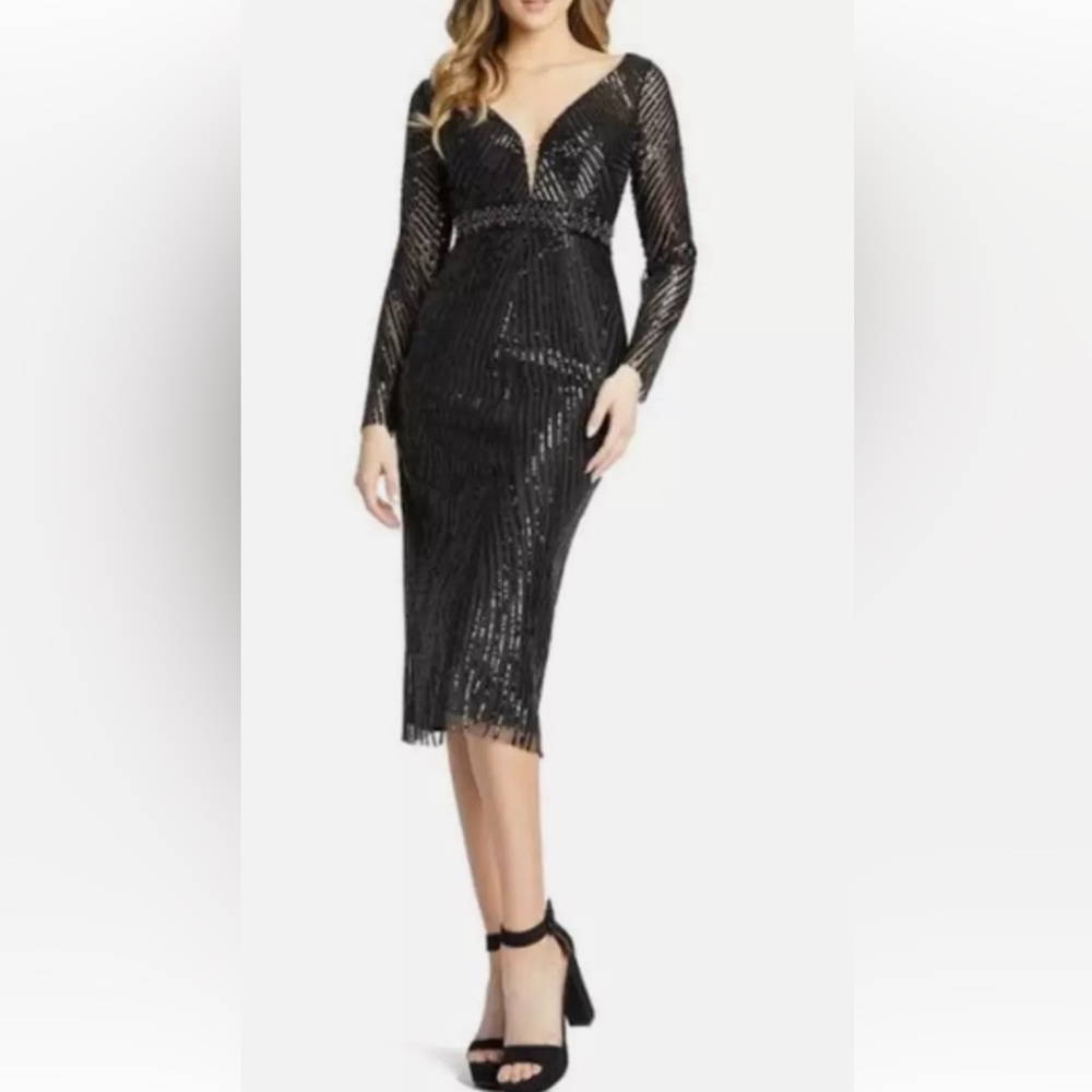 NWT  MAC DUGGAL  Black Tea Length Sequin Midi Dress